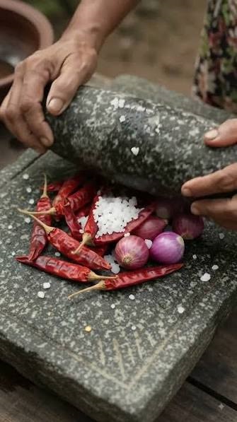 Traditional Sri Lankan spicy lunu miris (red onion and chilli sambol).